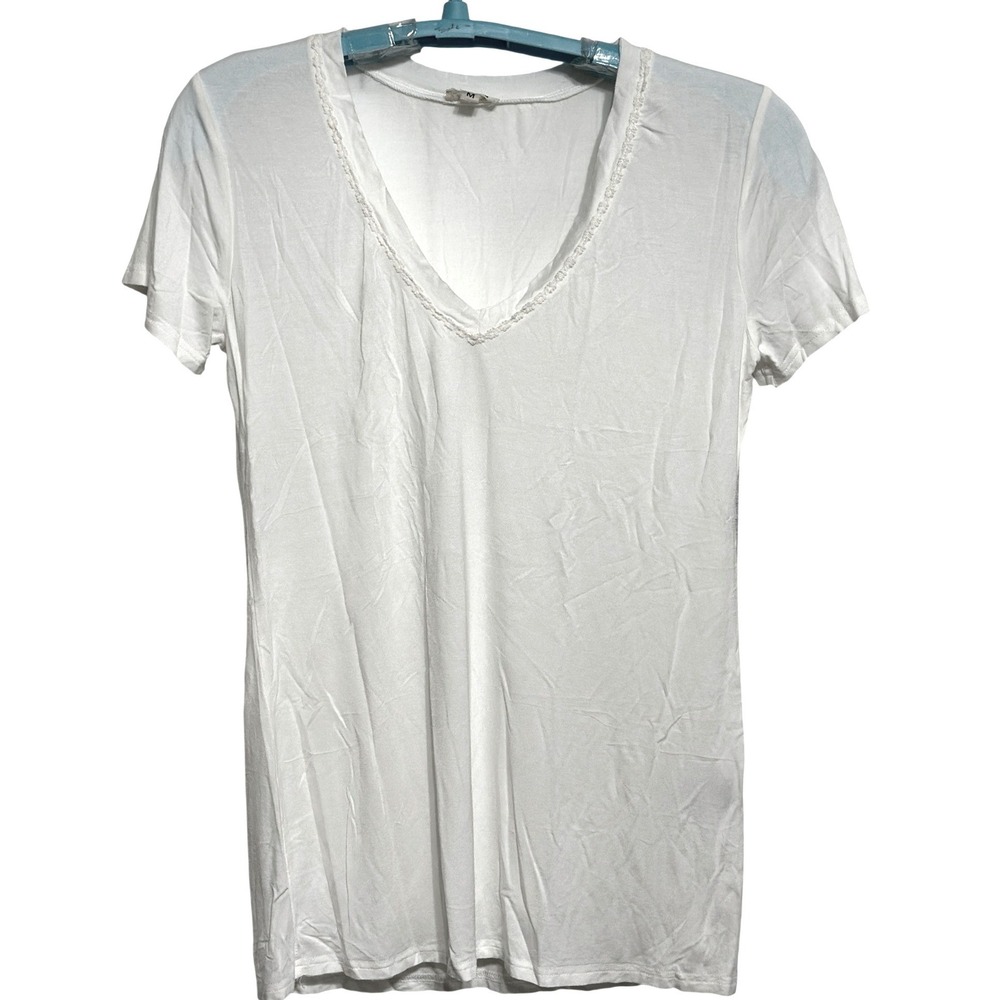 POL White‎ Crochet Womens Tee M Trim V-Neck Short Sleeve Coquettecore Minimalist